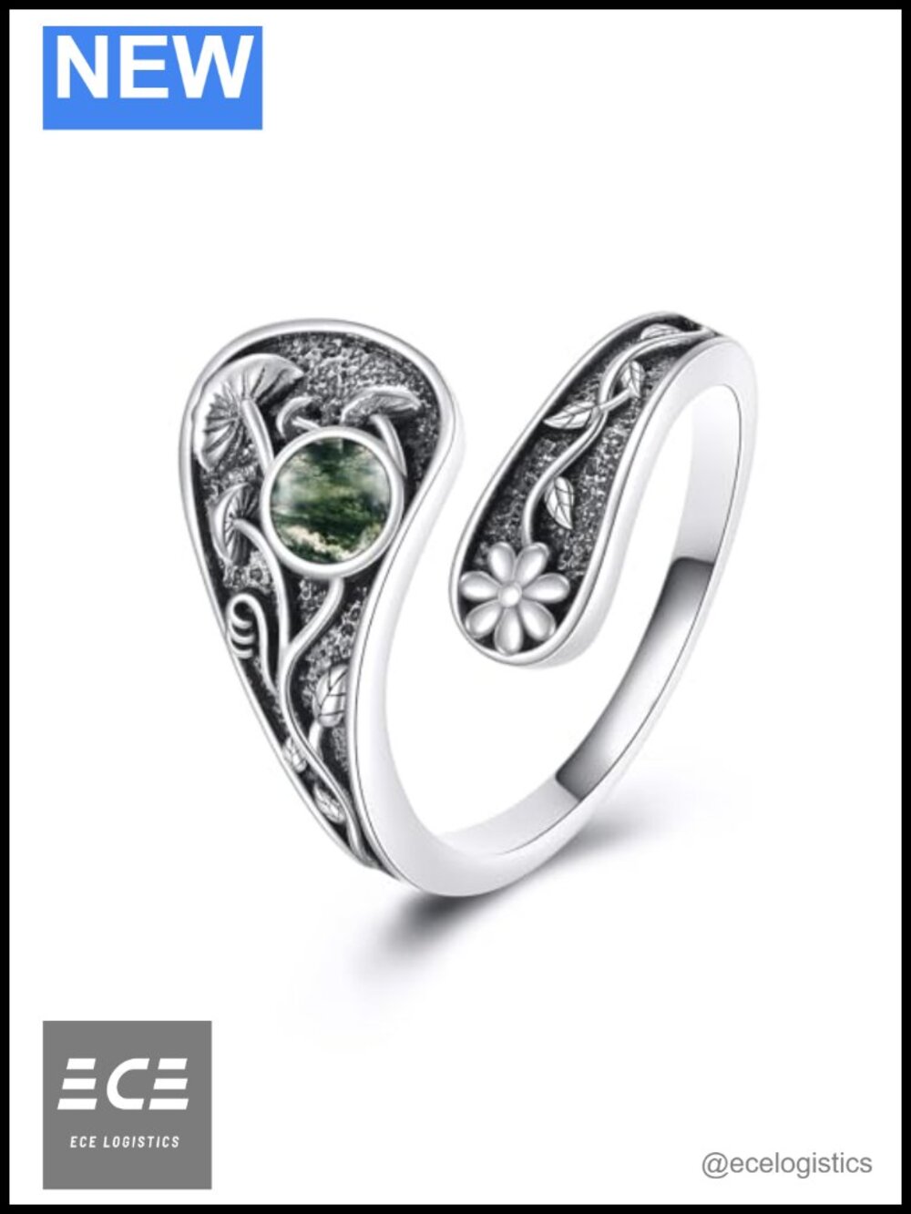 Mushroom Spoon Ring 925 Sterling Silver Adjustable Moss Agate Vintage